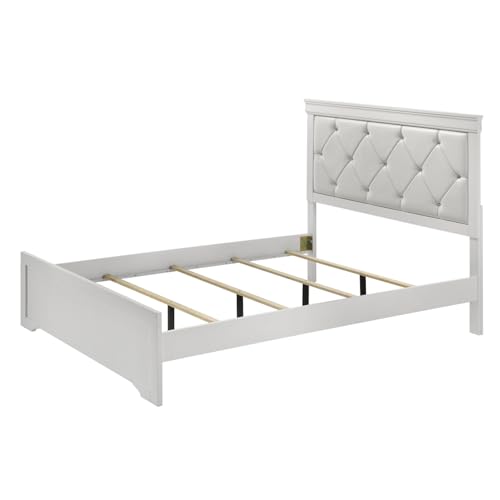 Trending Large White Finish Queen Size Panel Bed with Crystal-Like Button Tufted Headboard for Modern Bedroom Furniture