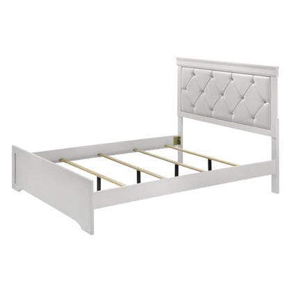 Trending Large White Finish Queen Size Panel Bed with Crystal-Like Button Tufted Headboard for Modern Bedroom Furniture
