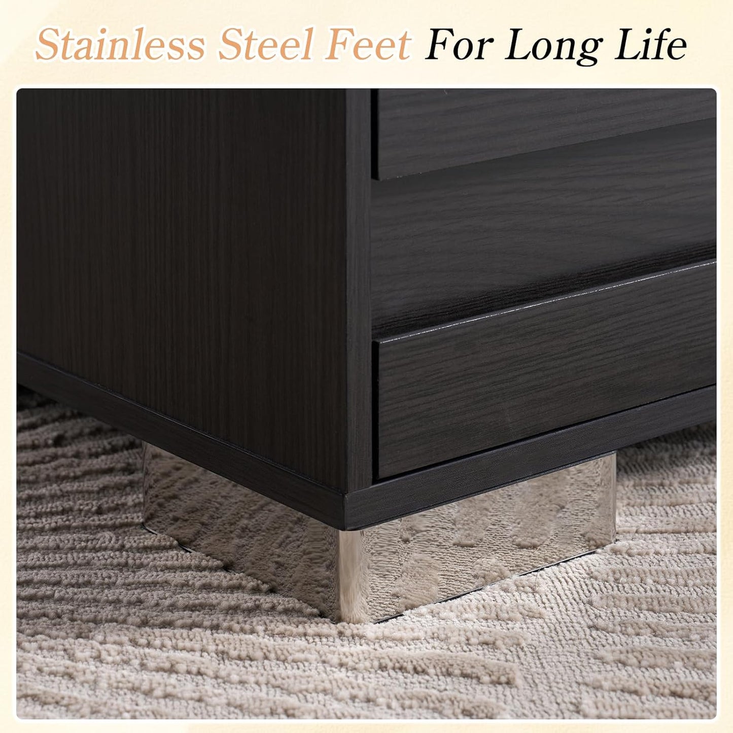 3 Pcs Bedroom Furniture Set - Includes Farmhouse 6 Drawer Dresser and Nightstand Sets of 2 with Charging Station, Slated Handles & Stainless Steel Feet, Black
