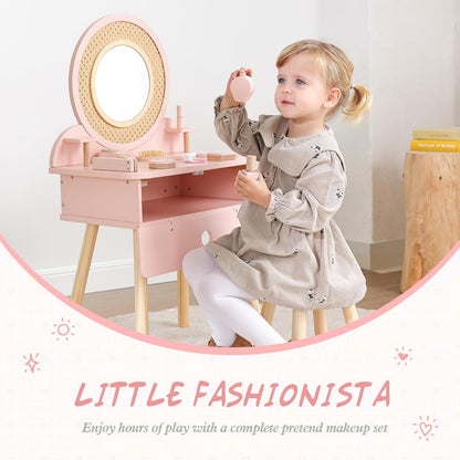 Kids Vanity Table and Chair Set, Pink Girls Vanity with 11 Pcs Accessories, Enough for Real and Pretend Makeup, Toddler Vanity for 3 Year Old and up as Ideal Gift