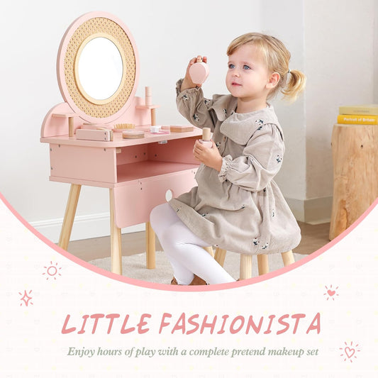 Kids Vanity Table and Chair Set, Pink Girls Vanity with 11 Pcs Accessories, Enough for Real and Pretend Makeup, Toddler Vanity for 3 Year Old and up as Ideal Gift