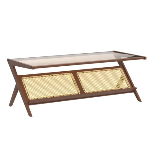 Rattan Coffee Table with Glass Top Mid-Century Modern Center Table with Storage for Living Room Table Brown