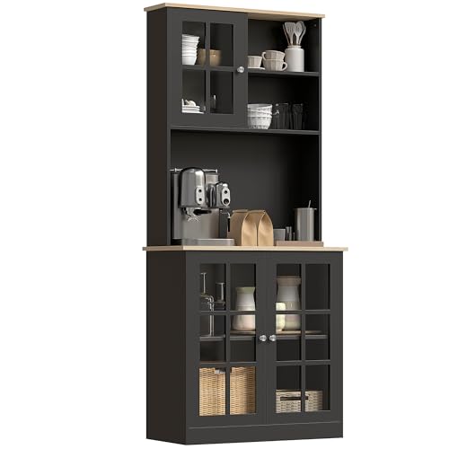 Kitchen Pantry Storage Cabinet 72" with Hutch, Black, view 2