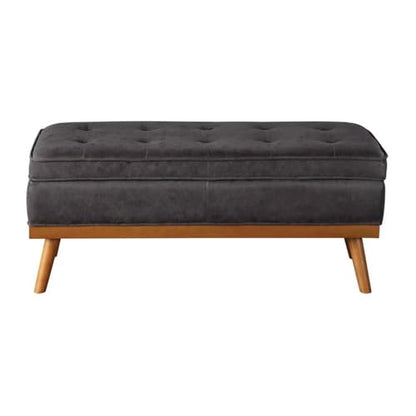Mid-Century Storage Bench, Charcoal Faux Leather Upholstery, 43.5" W x 17.5" D x 18.5" H, Button-Tufted Design, Soft-Close Hinged Top, Tapered Solid Wood Legs, Entryway or Living Room