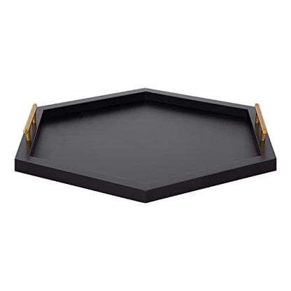 Halsey Hexagon Decorative Wooden Tray with Polished Metal Handles; 22 x 19; Black and Gold; Modern Glam Wood Hexagon Serving Tray for Display or Decoration