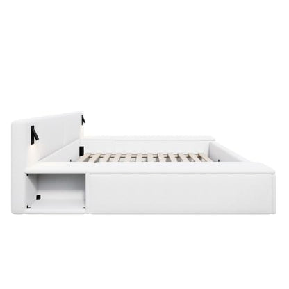 Queen Size Teddy Fleece Platform Bed, Hidden Storage & Built-In Nightstands