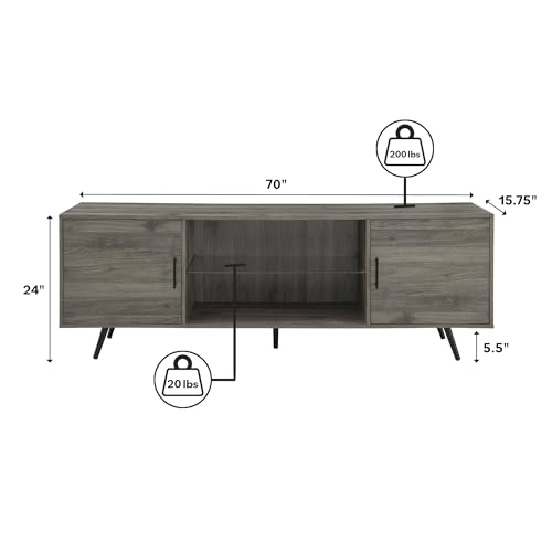 Saxon Mid Century Modern 2 Door Glass Shelf TV Stand for TVs up to 80 Inches, 70 Inch, Grey