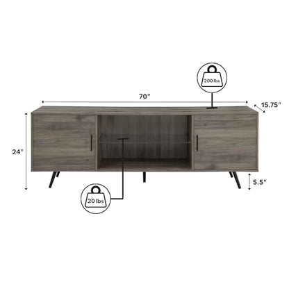 Saxon Mid Century Modern 2 Door Glass Shelf TV Stand for TVs up to 80 Inches, 70 Inch, Grey