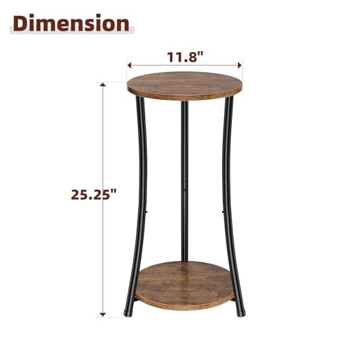 Round Side Table, 2 Tiers End Table for Living Room with Storage Shelf, Slim Sofa Table Set of 2, Rustic Brown