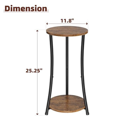 Round Side Table, 2 Tiers End Table for Living Room with Storage Shelf, Slim Sofa Table Set of 2, Rustic Brown