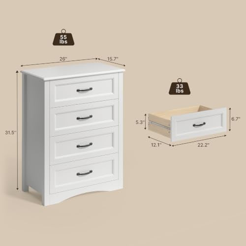 4 Drawer Dresser for Bedroom, Wood Storage Chest, White, view 3