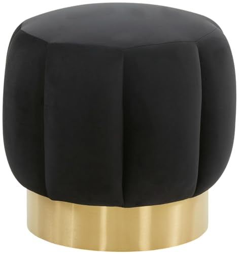 SAFAVIEH Couture Collection Maxine Glam Black Velvet/Gold Channel Tufted Upholstered Round Ottoman for Living Room Bedroom Vanity Foot Stool (Fully Assembled)