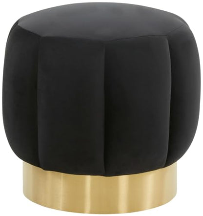 SAFAVIEH Couture Collection Maxine Glam Black Velvet/Gold Channel Tufted Upholstered Round Ottoman for Living Room Bedroom Vanity Foot Stool (Fully Assembled)