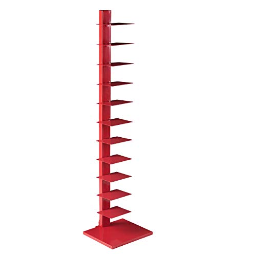 Stewartby Spine Tower Bookcase - Modern - Metal - 12 Shelves - Red - Adjustable - Space-Saving - Ideal for Home Office, Living Room, Dining Room, Bedroom (HZ9492)