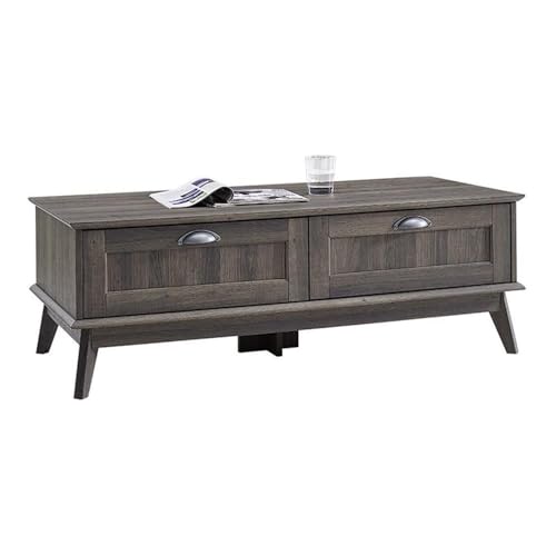 Wood Coffee Table with 2 Drawers, Smoke Oak Finish, 45 x 22 in, Engineered Wood and Metal, Durable Laminate, Scandinavian Design Living Room Table with Storage