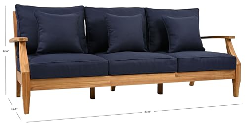 SAFAVIEH Couture Outdoor - Martinique 3-Seat Sofa - Natural & Navy - Teak Wood - Slatted Coastal Design - Ideal for Patio, Deck, Porch, Backyard, 18.3" Seat Height (CPT1013J)