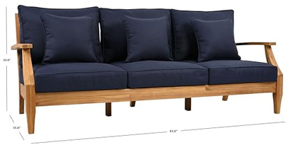 SAFAVIEH Couture Outdoor - Martinique 3-Seat Sofa - Natural & Navy - Teak Wood - Slatted Coastal Design - Ideal for Patio, Deck, Porch, Backyard, 18.3" Seat Height (CPT1013J)