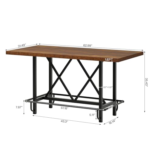 Tribesigns Bar Table, Industrial Counter Height Pub Table with Metal Footrest, 63-Inch Rectangle Wood Kitchen Dining Table with Sturdy Metal Frame for Dining Room, Home Bar (Brown)