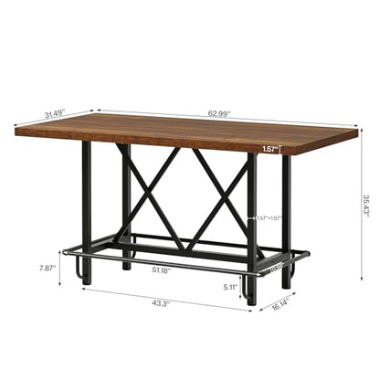Tribesigns Bar Table, Industrial Counter Height Pub Table with Metal Footrest, 63-Inch Rectangle Wood Kitchen Dining Table with Sturdy Metal Frame for Dining Room, Home Bar (Brown)