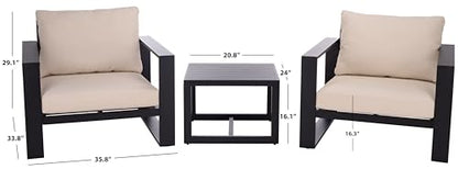 SAFAVIEH Outdoor Patio Furniture Collection – Fash Black & Taupe Cushion 3-Piece Living Set, Modern Outdoor Chairs & Slatted Square Table (PAT7552A)