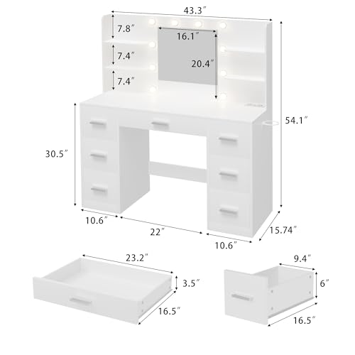 Vanity Desk with LED Mirror,Power Outlet,7 Drawers Makeup Table, view 4