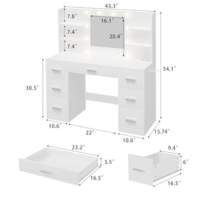 Vanity Desk with LED Mirror,Power Outlet,7 Drawers Makeup Table, view 4