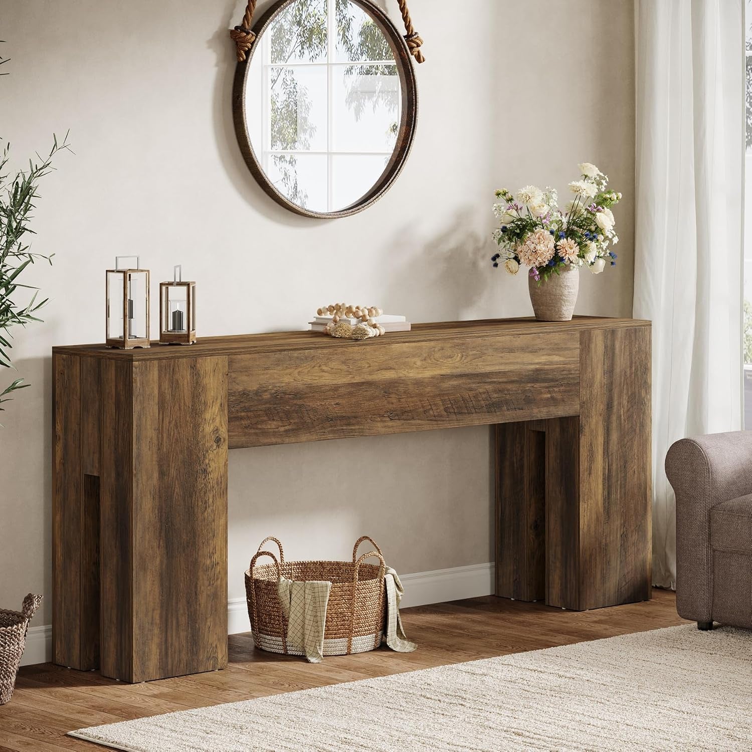 71-Inch Long Console Table for Entryway, Farmhouse Sofa Console behind Couch, Entry Table for Hallway, Foyer, Living Room, Brown