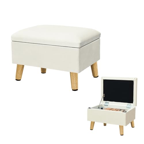 Small Ottoman with Storage Foot Rest Foot Stool Beige | Padded Seat Pet Step for Dog Under Desk Stool for Living Room Bedroom Office Entryway