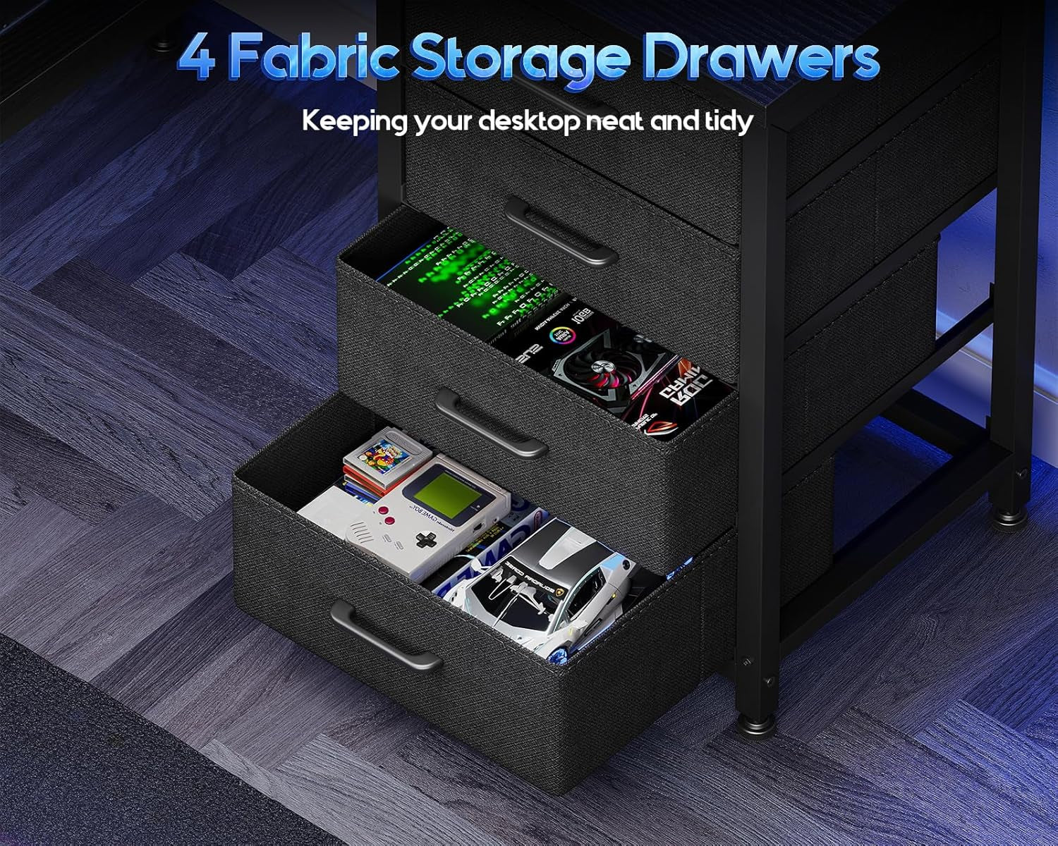 L Shaped Gaming Desk with Shelf & 4 Drawers, 43" Reversible Computer Desk with LED Light, Home Office Table with Hutch and Hook, Black