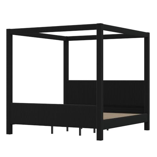 King Canopy Bed Frame with Upholstered Headboard and Footboard Black, view 7