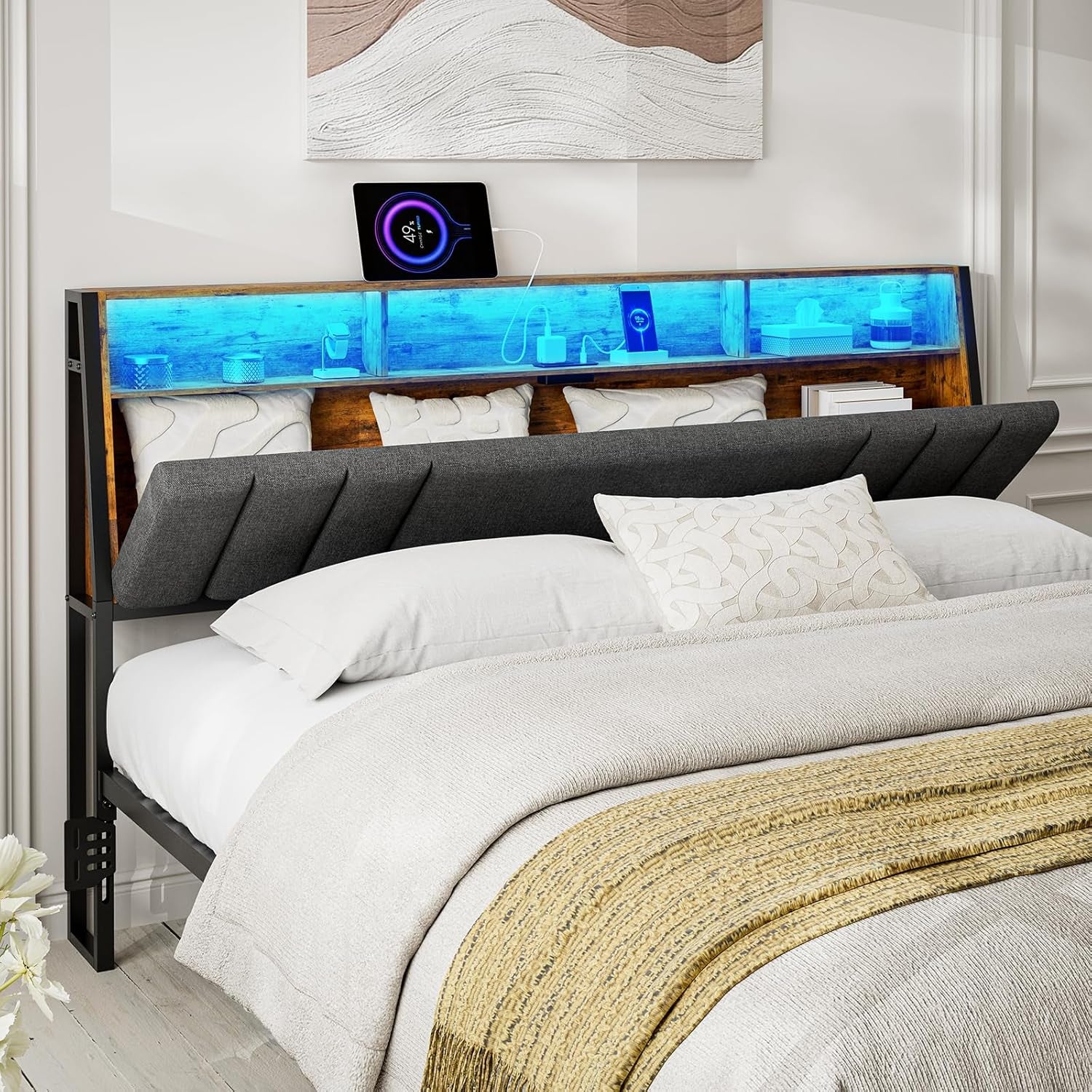 Hidden Storage Headboard King Size with Charging Station, Ergonomic Upholstered King Headboard Only with LED Lights, 2 Outlets & 2 USB Ports, Attach Frame, Easy Assembly, Dark Grey