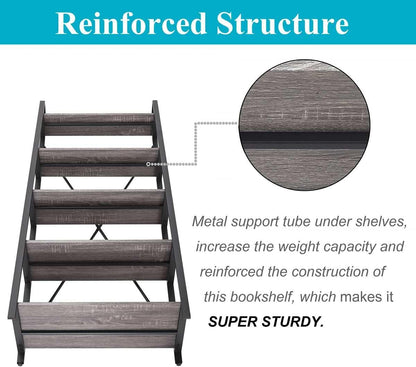5-Tier Ladder Shelf, Industrial Leaning Bookcase, Wood and Metal Ladder Bookshelf for Living Room, Bedroom, Kitchen, Home Office (Grey Oak)