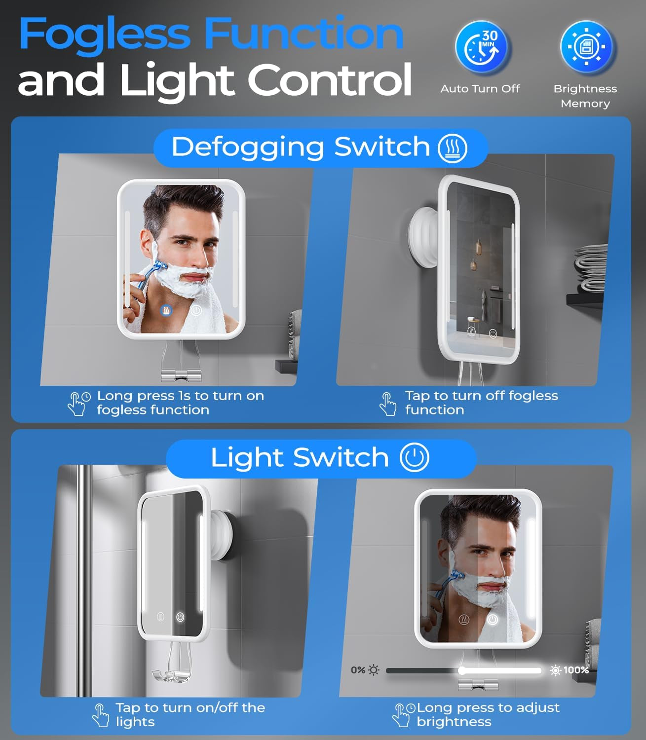 Heated Shower Mirror Fogless for Shaving with Light, 5000Mah Rechargeable Battery, Detachable Suction Cup and Razor Holder for Wall, No-Drilling, Removable, Waterproof for Bathroom - White