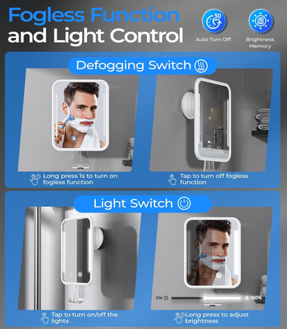 Heated Shower Mirror Fogless for Shaving with Light, 5000Mah Rechargeable Battery, Detachable Suction Cup and Razor Holder for Wall, No-Drilling, Removable, Waterproof for Bathroom - White