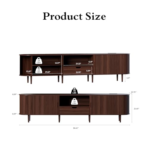 86.6" Fluted TV Stand with Power Outlet for TVs up to 90", TV Console with Adjustable Shelves and Sliding Door,Mid Century Modern Entertainment Center for Living Room,Bedroom (Walnut)
