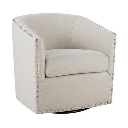 Swivel Barrel Accent Chair, Upholstered Curved Back with 7-Inch Thick Woven Cushion, 360° Swivel, Nailhead Trim, Comfy Chair for Living Room, Bedroom, Office, 28" Wide, Neutral, Tyler