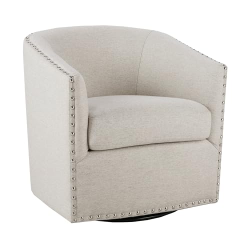 Swivel Barrel Accent Chair, Upholstered Curved Back with 7-Inch Thick Woven Cushion, 360° Swivel, Nailhead Trim, Comfy Chair for Living Room, Bedroom, Office, 28" Wide, Neutral, Tyler