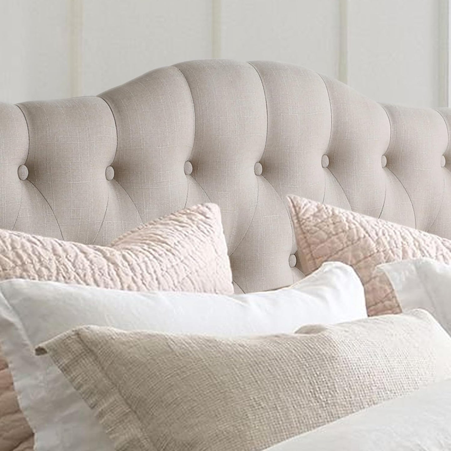 Givanna Adjustable Height Headboard with Linen Upholstery and Button Tufting for Bedroom, Queen, Beige Linen