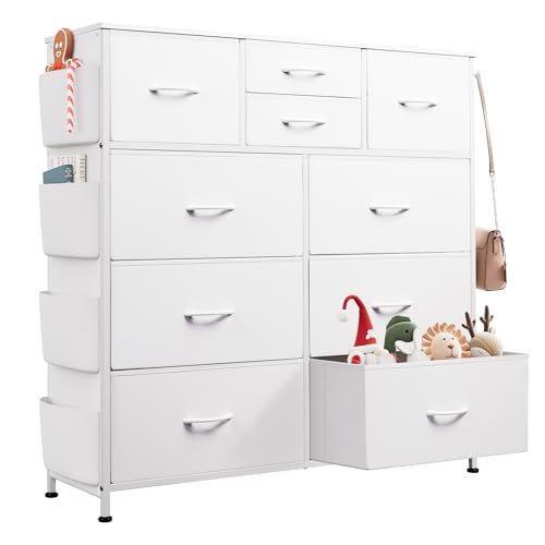 10 Drawer White Fabric Dresser for Bedroom, Side Pockets Chest, view 2