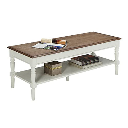 French Country Coffee Table 48" - 2 Tier Farmhouse, Transitional Center Accent with Storage Shelf for Classic, Transitional Living & Family Room, Driftwood/White