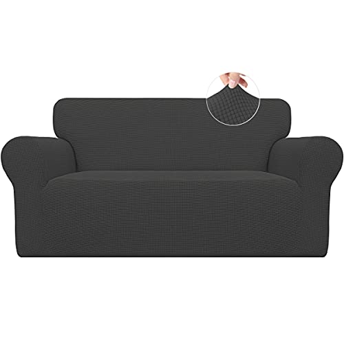 Stretch Loveseat Slipcover 1-Piece Sofa Cover Furniture Protector Couch Soft with Elastic Bottom for Kids Polyester Spandex Jacquard Fabric Small Checks (Loveseat, Dark Gray)