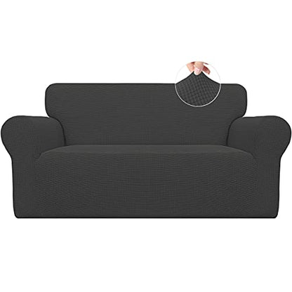 Stretch Loveseat Slipcover 1-Piece Sofa Cover Furniture Protector Couch Soft with Elastic Bottom for Kids Polyester Spandex Jacquard Fabric Small Checks (Loveseat, Dark Gray)