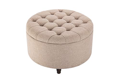 Classic 28-Inch Wide Button Tufted Round Storage Ottoman Footstool with Lift Off Lid, Light Brown Fabric