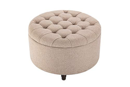 Classic 28-Inch Wide Button Tufted Round Storage Ottoman Footstool with Lift Off Lid, Light Brown Fabric