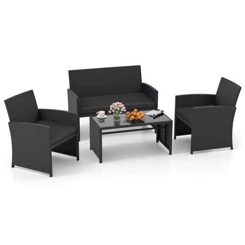 4 Pieces Patio Wicker Furniture Set, Outdoor Heavy Duty Rattan Cushioned Chairs, Loveseat and Tempered Glass Coffee Table, for Backyard, Balcony, Poolside (1, Black)