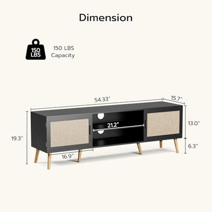 TV Stand with Rattan Doors for TVs up to 65", Mid-Century, Black, view 3