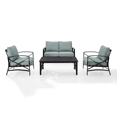 Crosley Furniture KO60009BZ-MI Kaplan Outdoor Metal 4-Piece Seating Set (Loveseat, 2 Arm Chairs and Coffee Table), Oiled Bronze with Mist Cushions