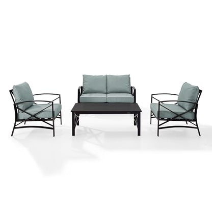 Crosley Furniture KO60009BZ-MI Kaplan Outdoor Metal 4-Piece Seating Set (Loveseat, 2 Arm Chairs and Coffee Table), Oiled Bronze with Mist Cushions