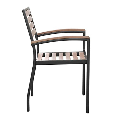 Stackable Aluminum Patio Chair - Set of 2 All-Weather Black Framed Side Chair with Faux Teak Slats - Commerical Grade