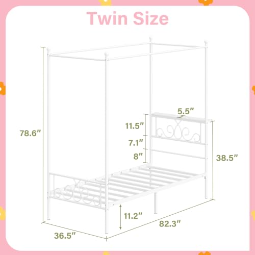 Twin Metal Canopy Bed Frame with Storage Headboard, 4 Poster Bed, White, view 3